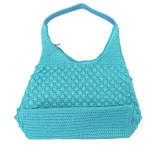 Chic Turquoise Crocheted Hobo Shoulder Bag Knit Textured Handbag Women's Summer